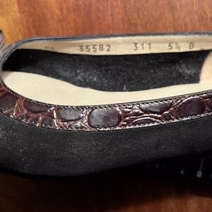 Salvatore Ferragamo VARA Ballet Shoes — 5.5 — Black Suede, Crocodile Trim, Logo